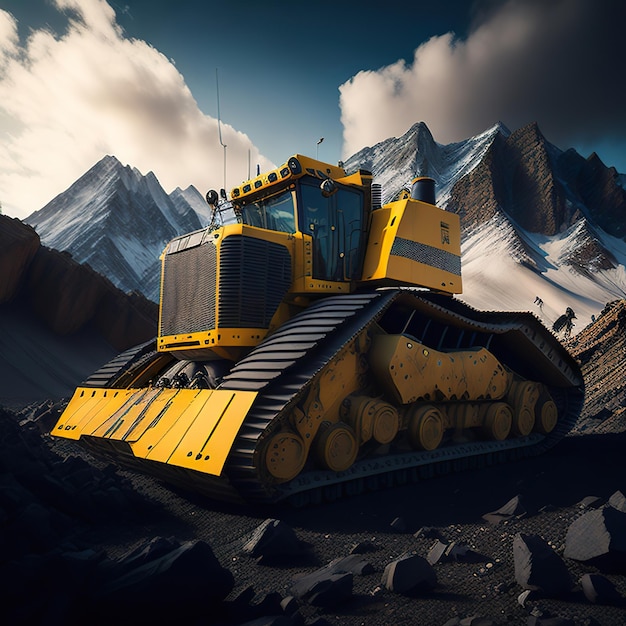 Photo a yellow bulldozer with a mountain in the background.