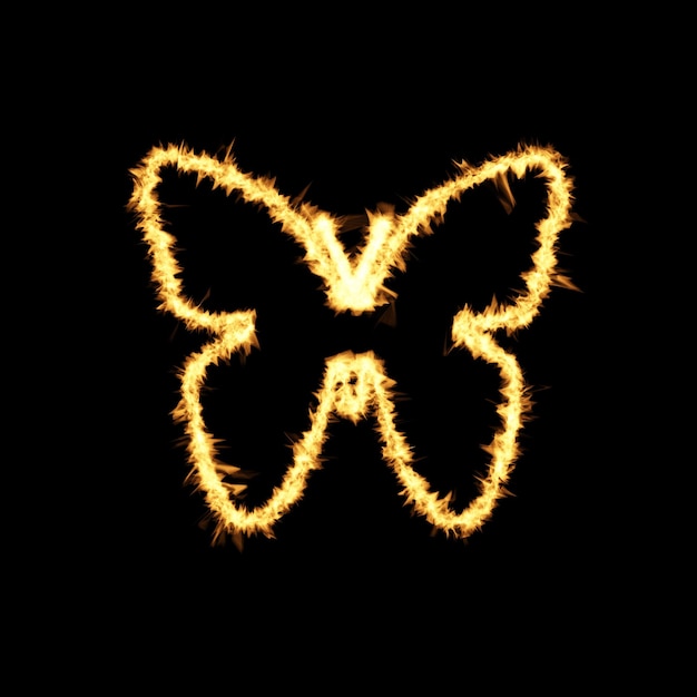 Yellow Burning Flames Effect on Butterfly outline against a black background