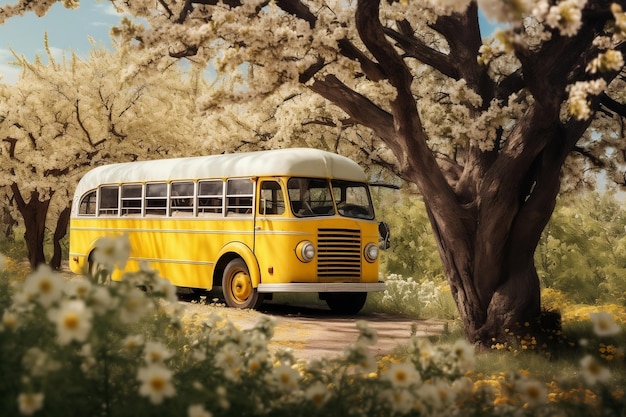 Yellow Bus Among Flowering Trees Generative Ai