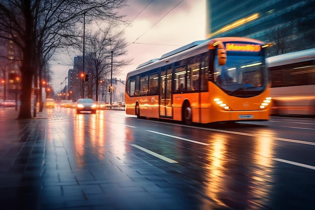 A yellow bus is driving down a wet road in the city