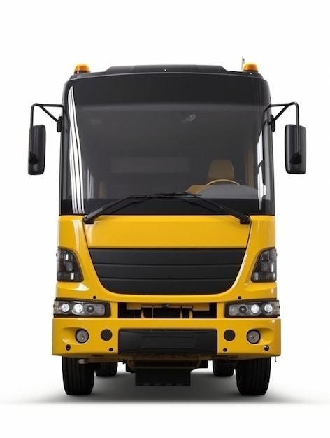 A yellow bus is parked on a white background.