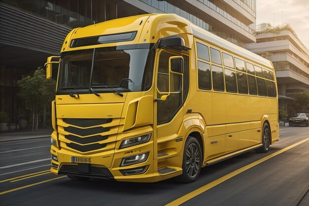 Yellow bus on the road in the city The concept of urban transport generative ai