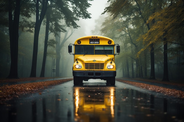 a yellow bus of school on a road