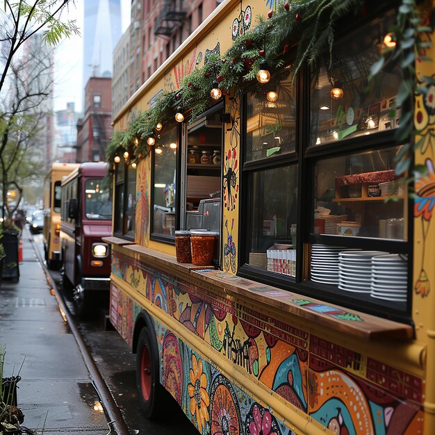 Photo a yellow bus with a colorful design on the side and the word  panas  on the side