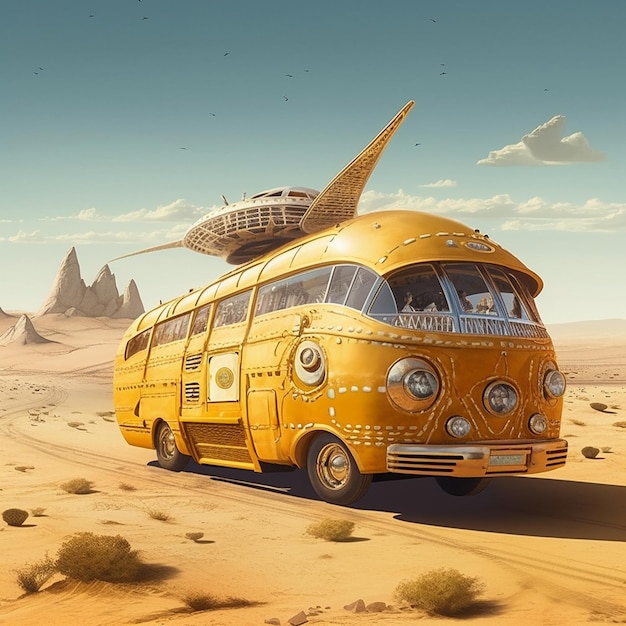 전면에 "van"이라는 단어가 있는 노란색 버스.