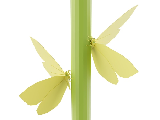 Yellow butterflies on a plant stem isolated on white