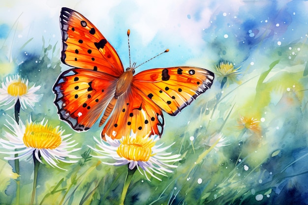 Фото Желтая бабочка на луге цветов акварель