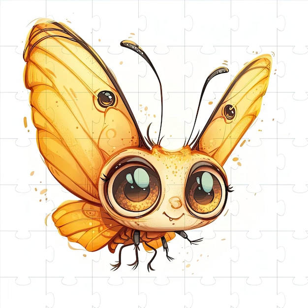 A yellow butterfly with big eyes sitting on a piece of puzzle