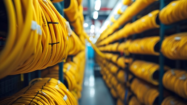 Photo yellow cables wound on rollers in storage