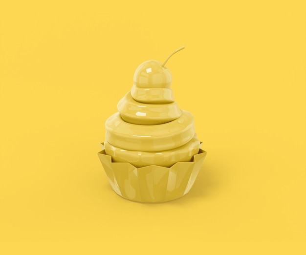 Yellow cake with cream and cherry on top on a yellow background. Minimalistic design object. 3d rendering icon ui ux interface element.