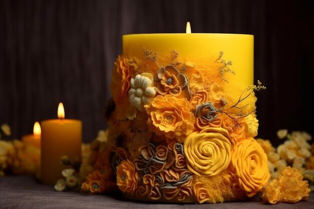 A yellow cake with flowers on it and a candle in the background.