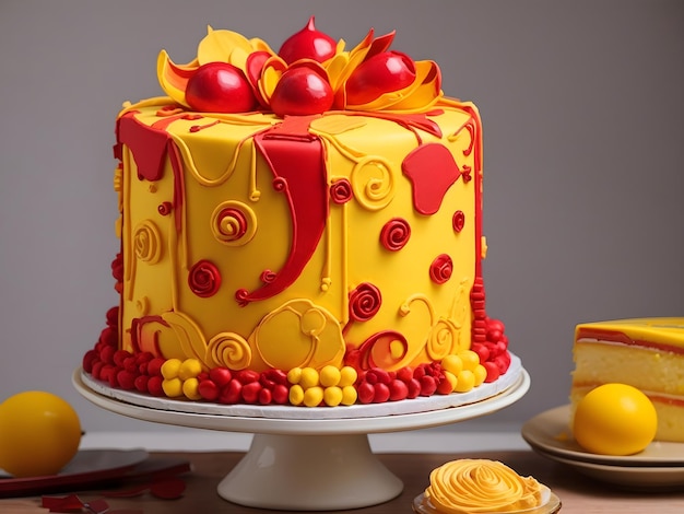 Yellow Cake with Vibrant Red and Yellow Decoration