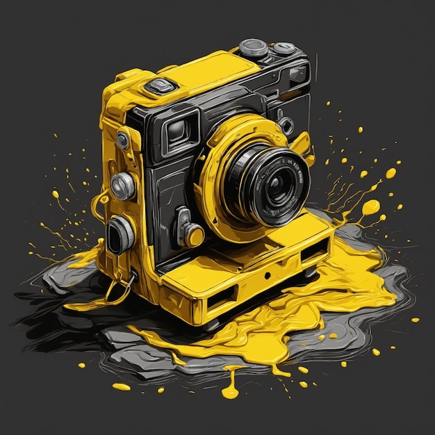 yellow camera from stone black background