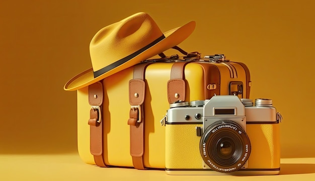 A yellow camera with a hat and a camera on it.