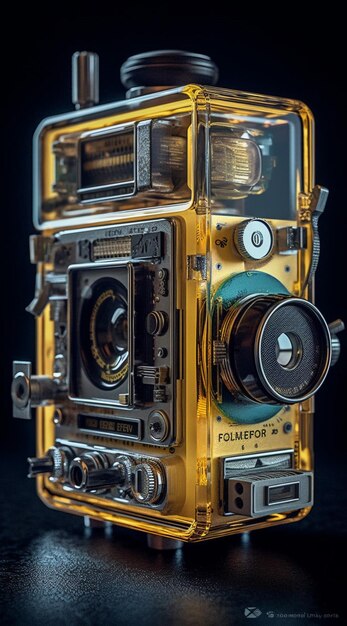 A yellow camera with the word'foto'on the front.