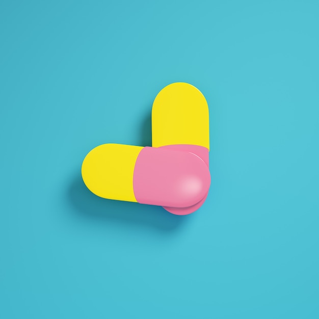 Yellow capsule pills on bright blue background in pastel colors. Minimalism concept. 3d render