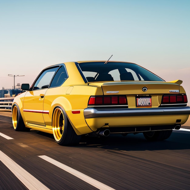 a yellow car driving down a highway next to a highway with a bridge in the background and a blue sky