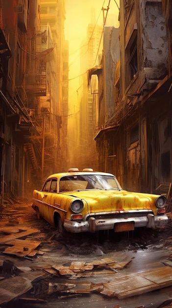 맨 위에 nyc라는 단어가 있는 침수된 도시의 노란색 자동차.