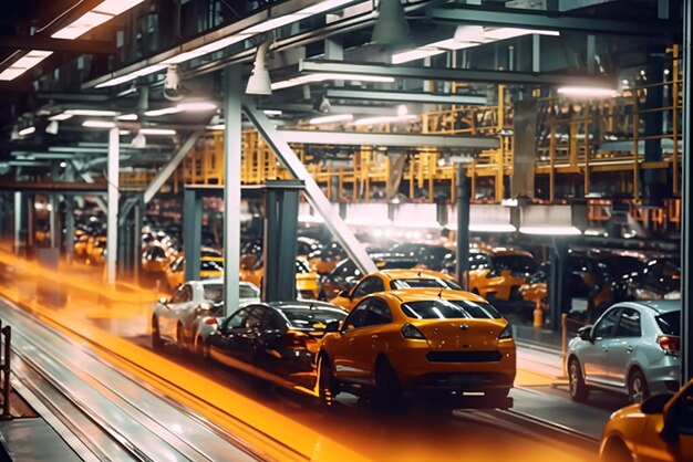 Photo a yellow car is driving down a conveyor belt in a factory.