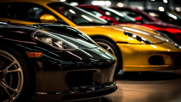 A yellow car is parked in a row with other cars in the background.