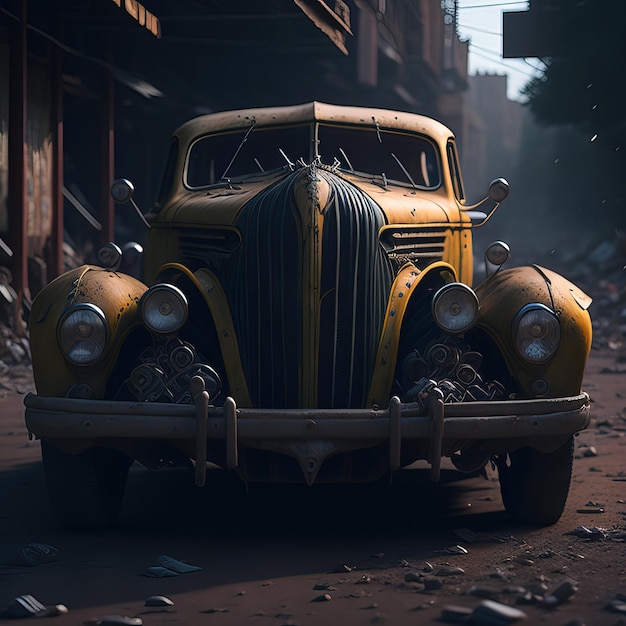 A yellow car is parked on a street in a ruined city.