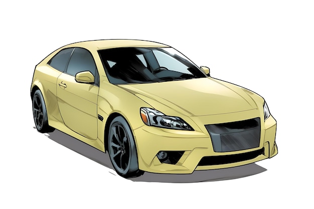 A yellow car is shown in a drawing style with a white background and a black outline AI