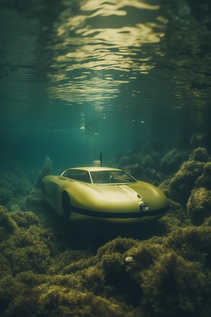 A yellow car is in the water and is in the water.