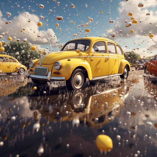 yellow car in a puddle of water with many yellow balls generative ai