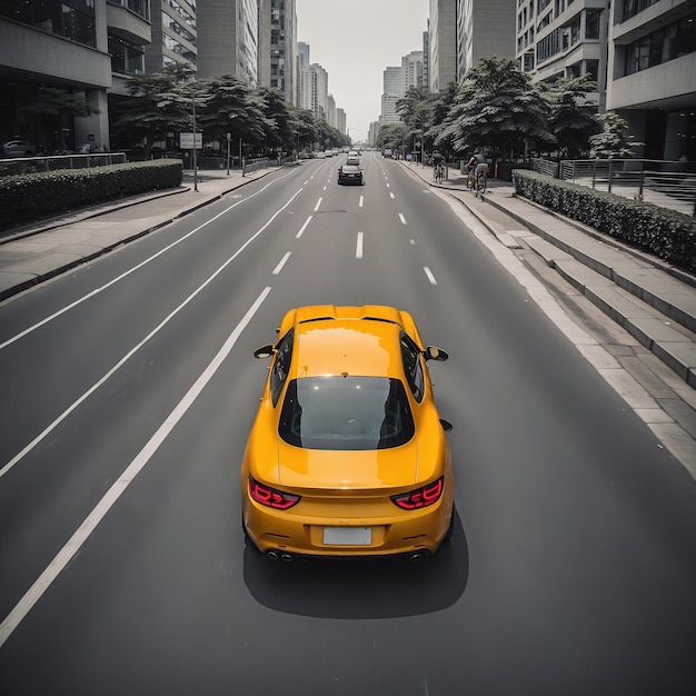 Yellow car run on road top view