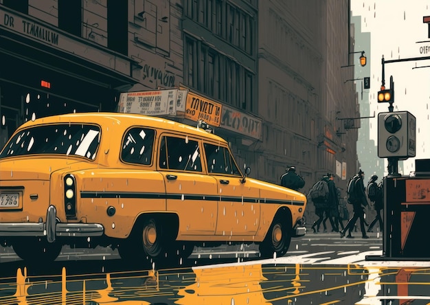 Yellow car taxi in the modern city Beautiful colorful illustration Vector style Generative AI