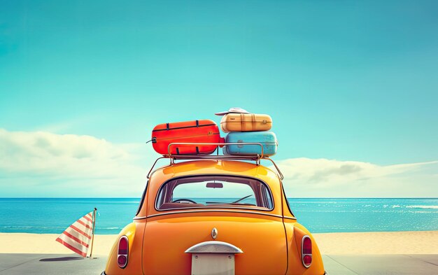 A yellow car with luggage traveling at the seaside