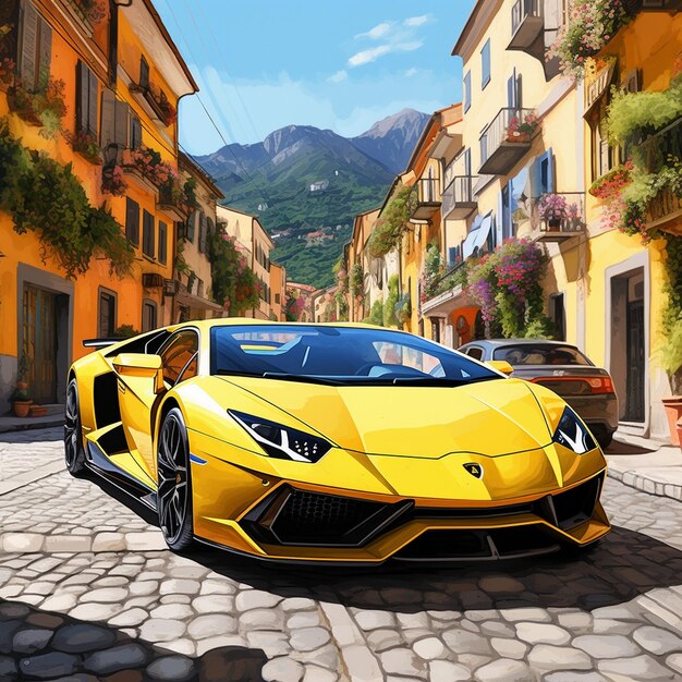 a yellow car with a mountain in the background