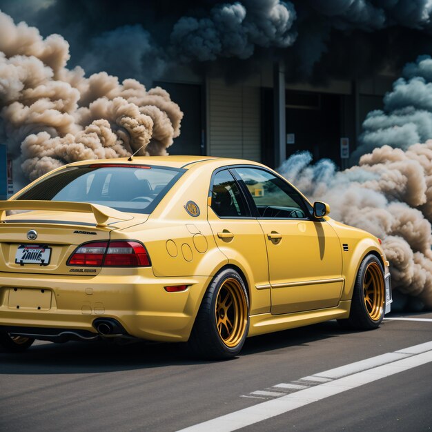 Photo a yellow car with smoke coming out of it's exhaust pipes on a street with smoke coming out of it's e