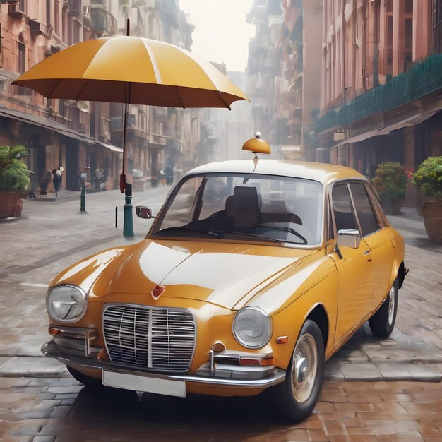 Photo yellow car and yellow umbrella with old city background