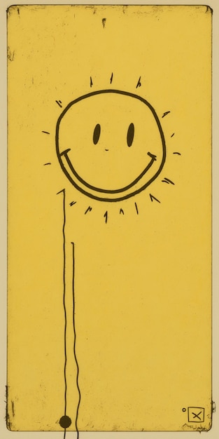 A yellow card with a smiley face and the sun is drawn on it.