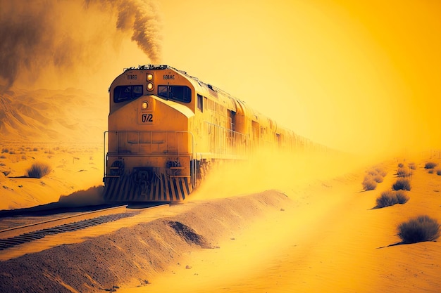 写真 黄色い貨物列車がほこりっぽい空っぽの電車の中でレールに乗る