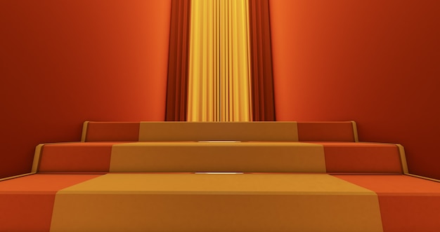 계단 위의 노란 융단, 영광의 길, 계단이 올라간다. 비즈니스 성공. 레드 벨벳 카펫. 3D 렌더링