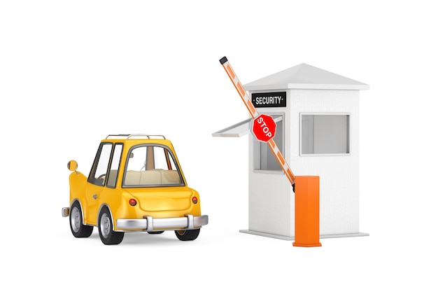 Yellow cartoon car in front of opened road car barrier and
security zone booth with security sign 3d rendering