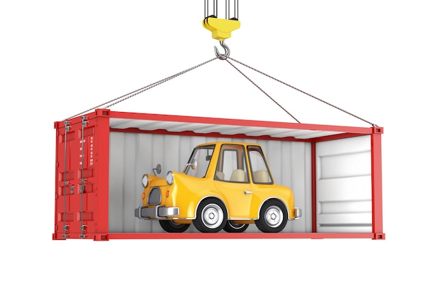 Yellow Cartoon Car in Red Shipping Container with Removed Side Wall Transportation with Crane Hook on a white background. 3d Rendering