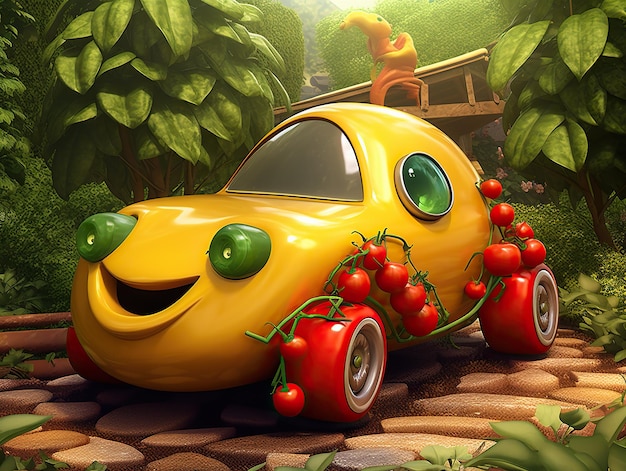 Yellow cartoon car with tomatos on it