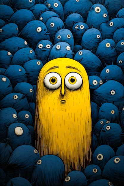 Yellow cartoon character standing in crowd of blue balls Generative AI