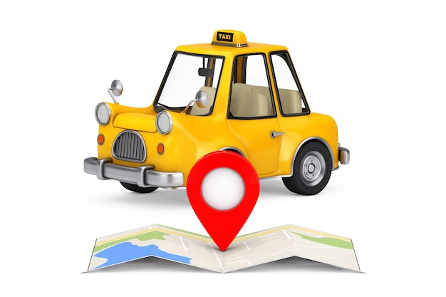 Yellow cartoon taxi car near folded abstract navigation map
with target map pointer pin 3d rendering