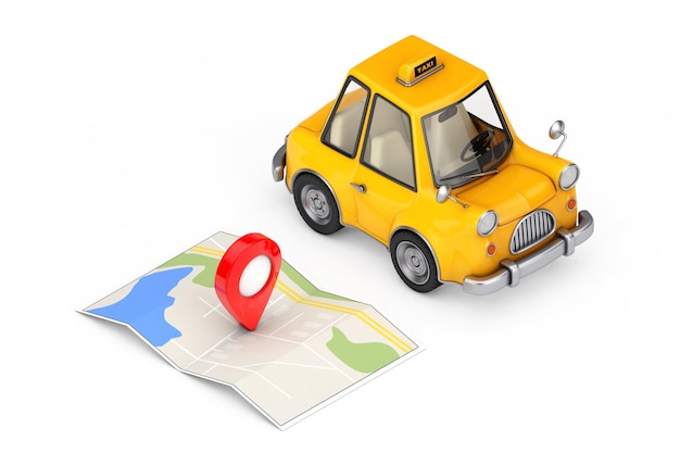 ターゲット マップ ポインター ピン 3 d レンダリングと折り畳まれた抽象的なナビゲーション マップの近くの黄色の漫画タクシー車