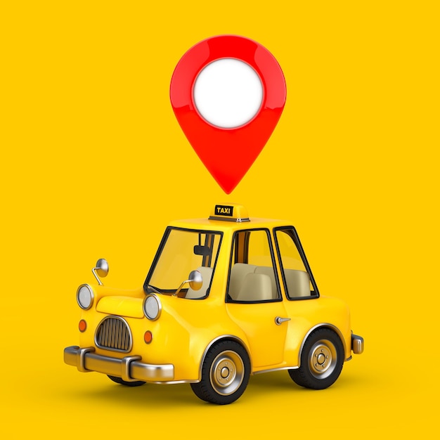 Yellow cartoon taxi car with red map pointer pin 3d rendering