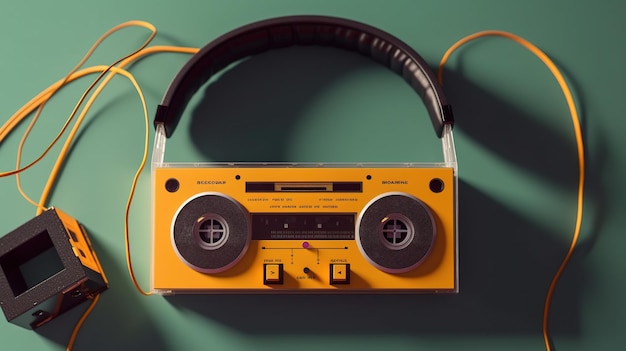 A yellow cassette player with a red headphone on it.