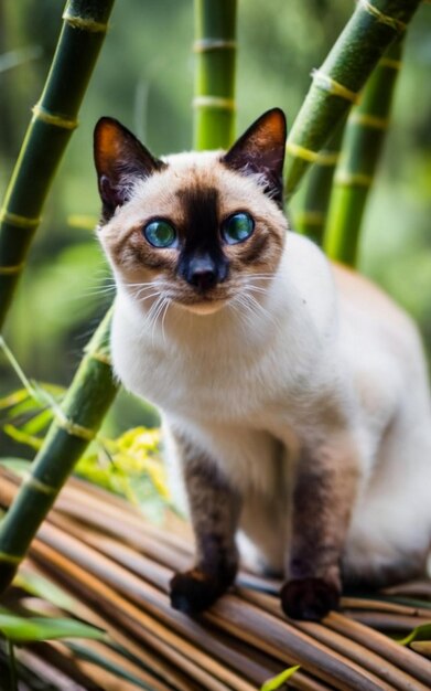желтая кошка сидит под бамбуковыми деревьями