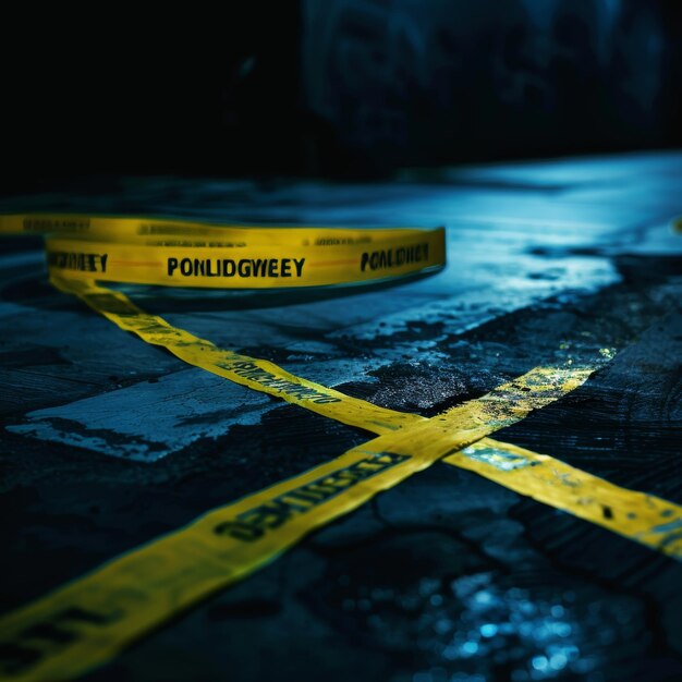Photo a yellow caution tape is taped to a black floor