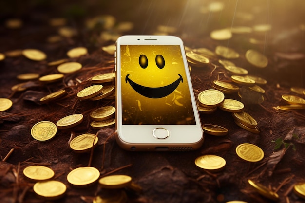 Photo a yellow cell phone with a smiling face and a bunch of gold coins on the ground