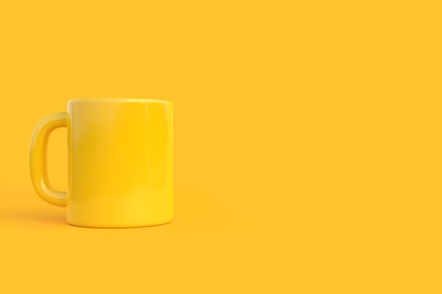 Фото Желтая керамическая чашка или пустая кружка для кофейного напитка или чая на желтом фоне 3d рендеринг иллюстрации