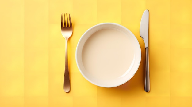 Yellow ceramic plate with a metallic knife and fork on a background of yellow tiles Generative AI